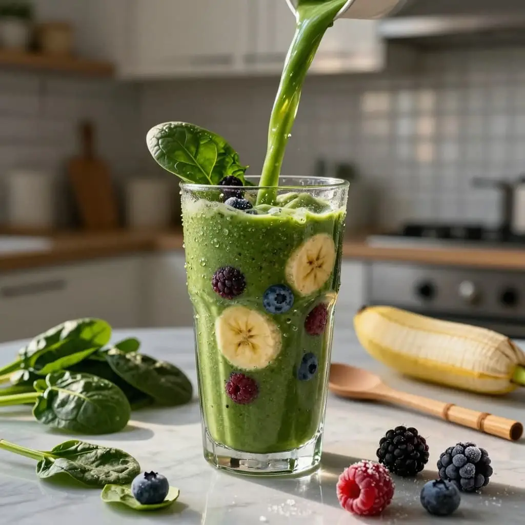smoothie made from spinach, banana, frozen berries